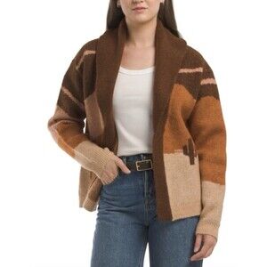 NWT Lucky Brand Shawl Cardigan Western Horse Wool Tan Sweater Women (XL) Peeling